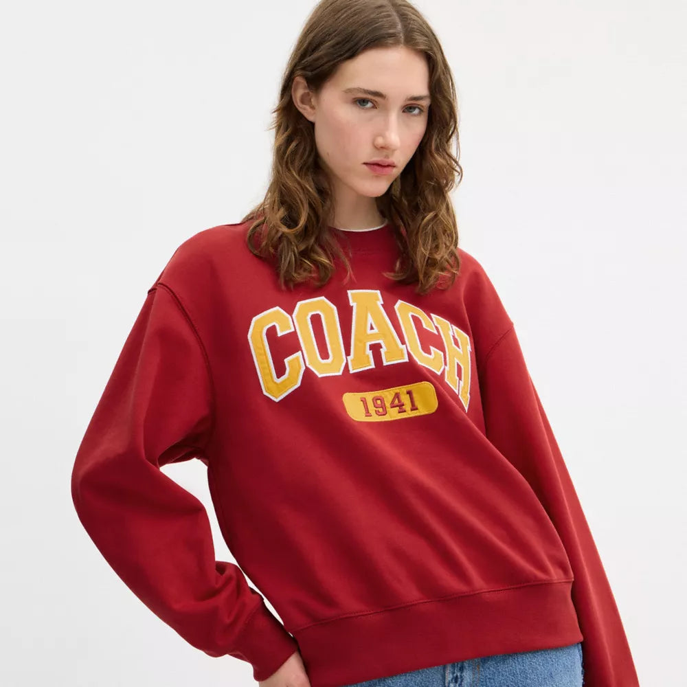 Embroidered Sporty Boyfriend Crewneck Sweatshirt - Savvy Red