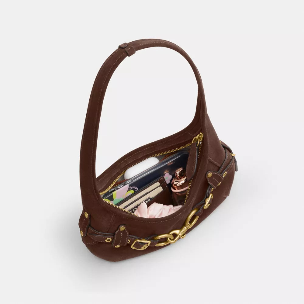 Belted Ergo Shoulder Bag 26 - Suede/Brass/Dark Chocolate