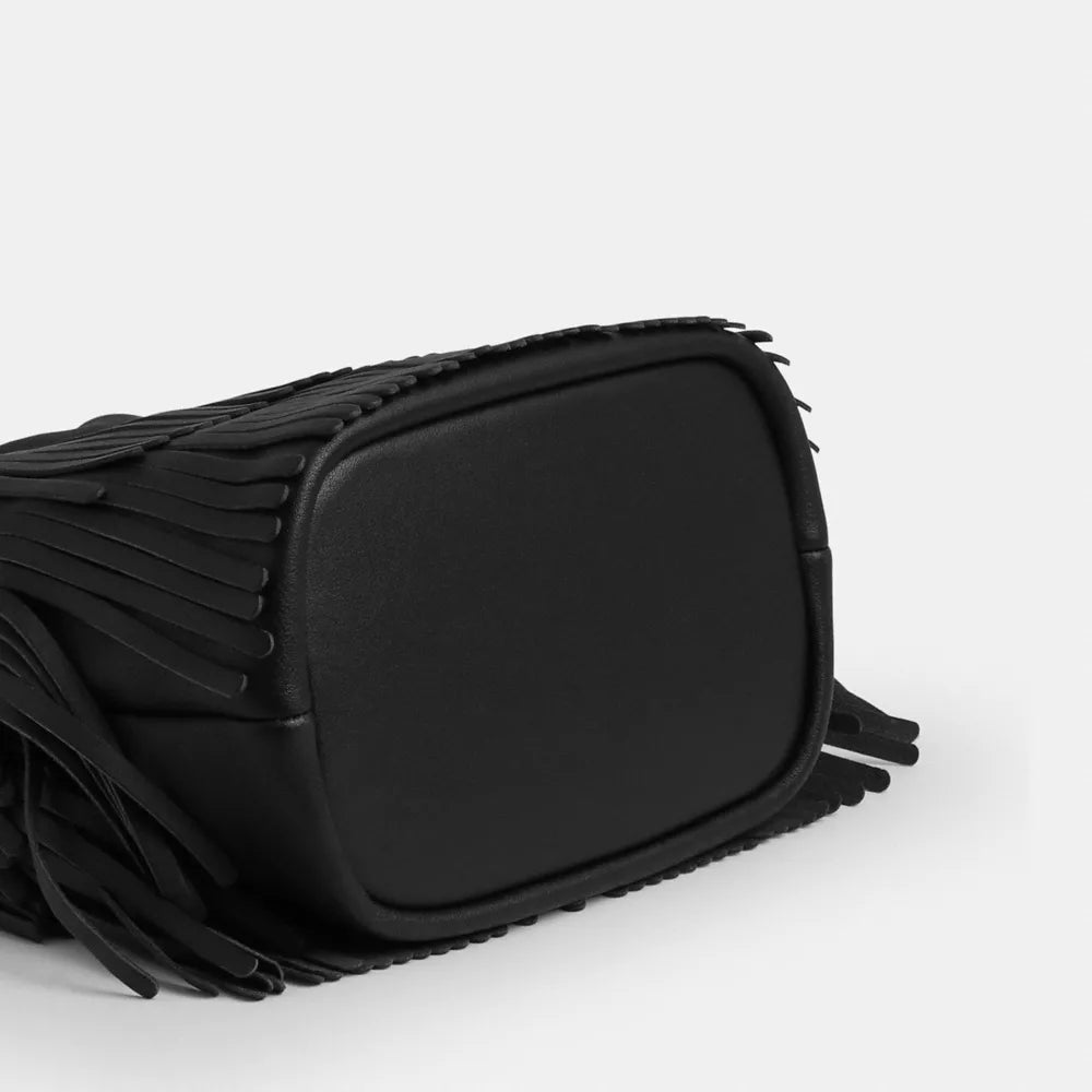 Faye Mini Drawstring Bag With Fringe - Leather/Gold/Black