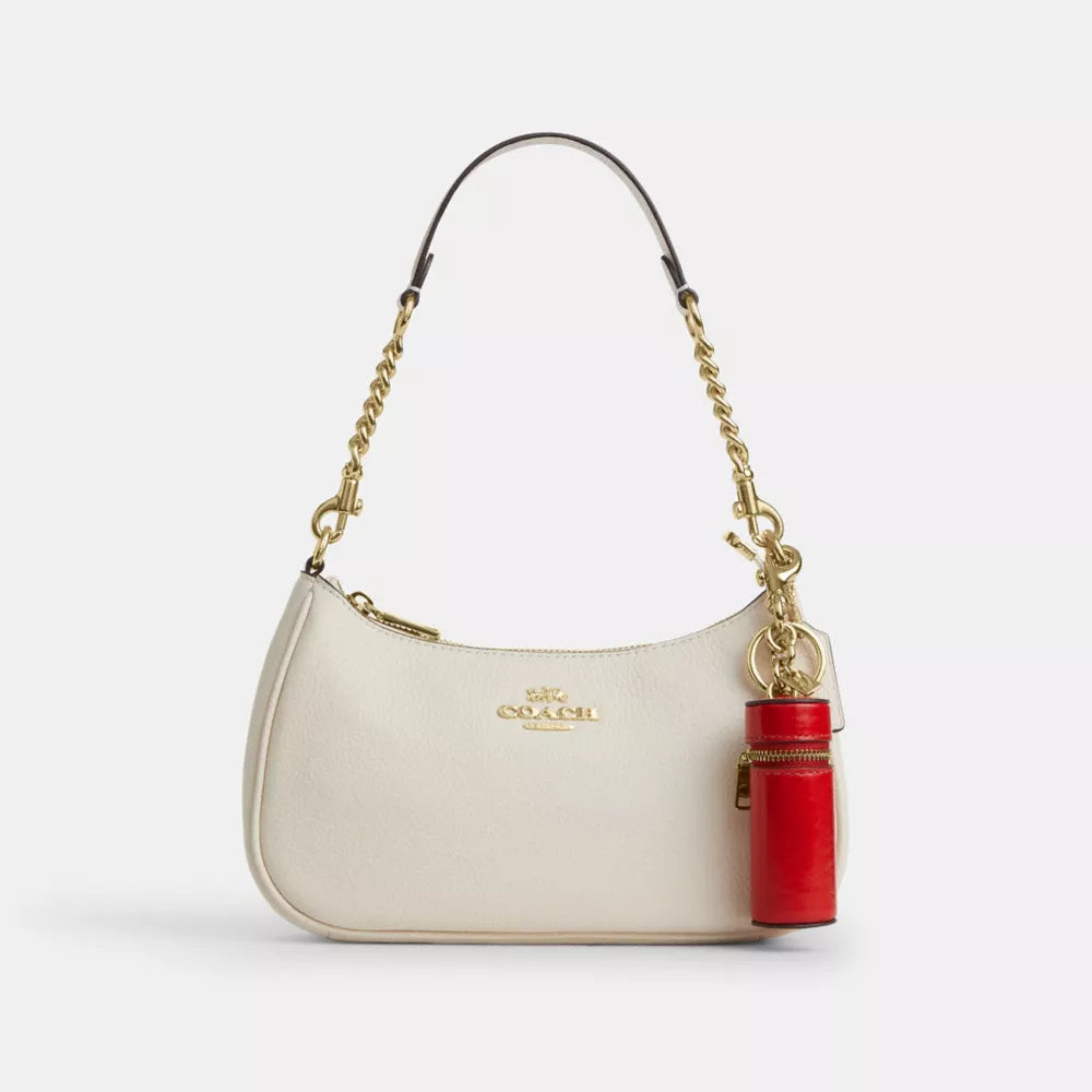 Lipstick Case Bag Charm - Glazed Leather/Gold/Bright Cherry