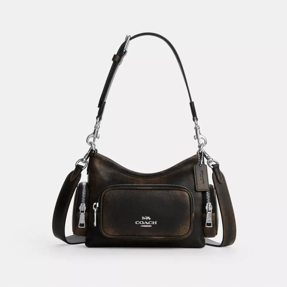 Laurel Shoulder Bag 22 With Pockets In Loved Leather - Silver/Black Brown