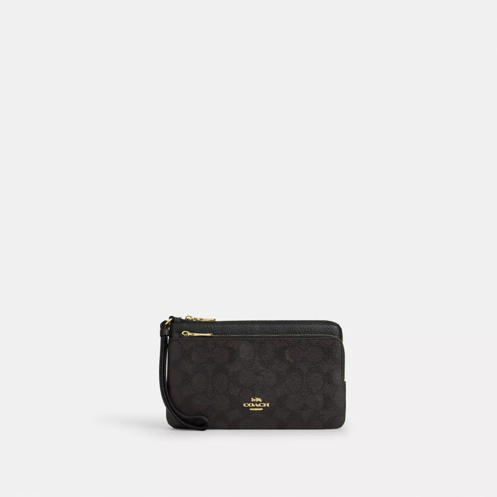 Double Zip Wallet In Signature Canvas - Gold/Walnut/Black