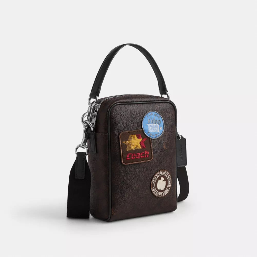 Tristan Crossbody Bag 14 In Signature Canvas With Patches - Signature Canvas/SV/Walnut/Black