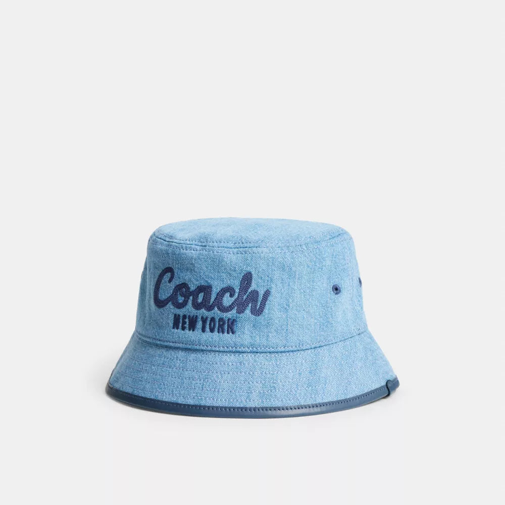Coach Script Embroidered Denim Bucket Hat - Indigo