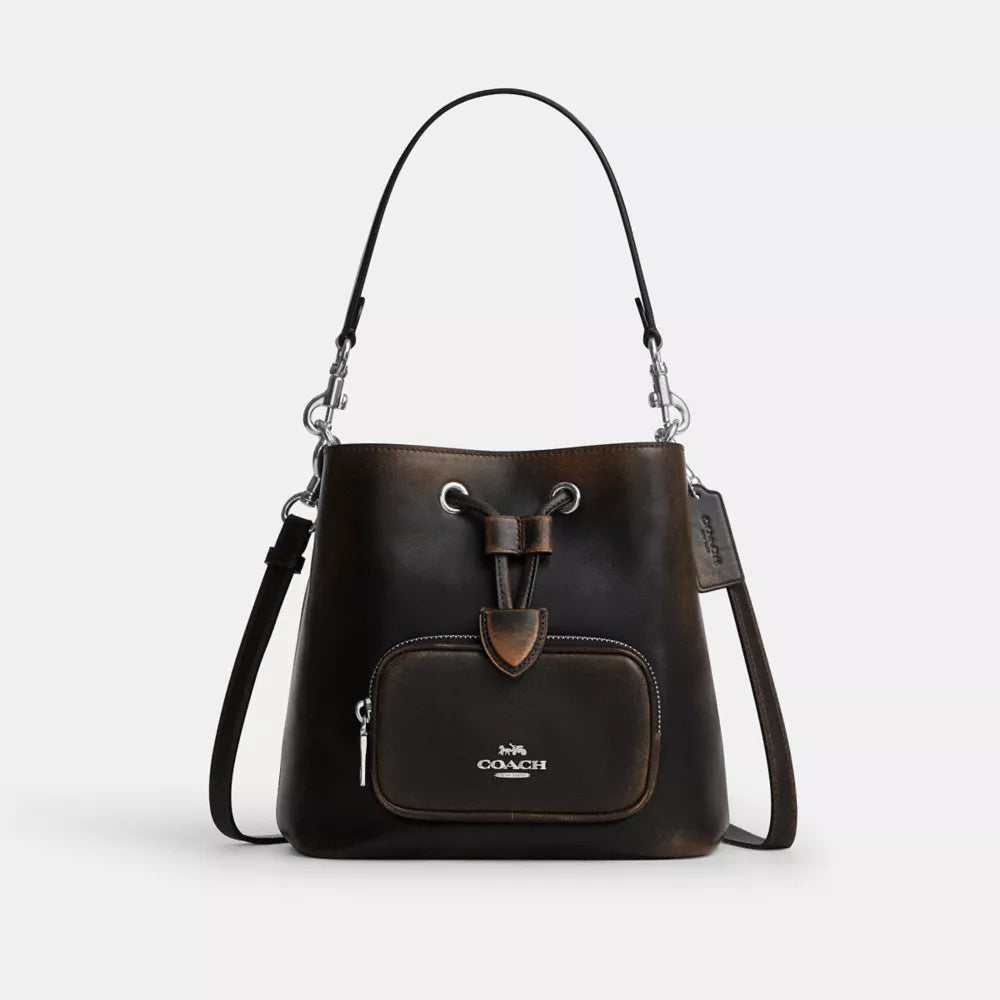 Rowan Bucket Bag With Pocket In Loved Leather - Silver/Black Brown