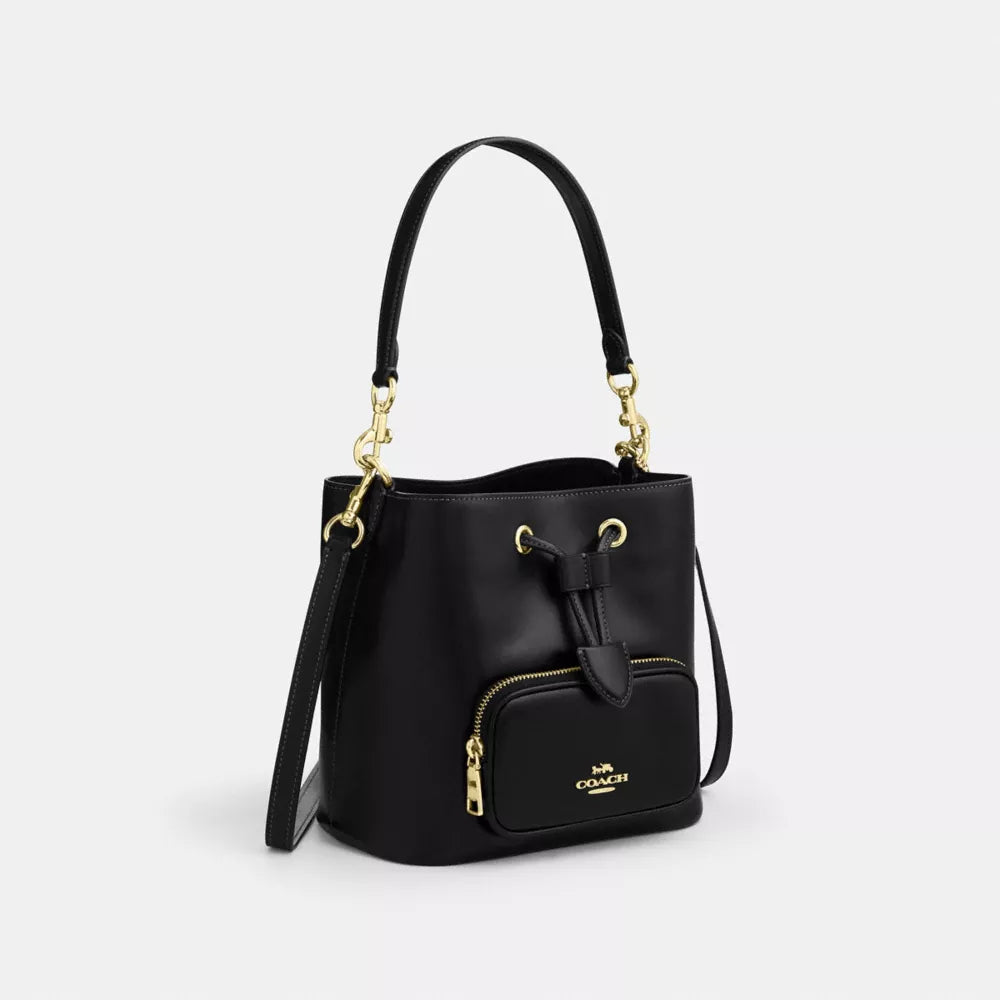 Rowan Bucket Bag With Pocket - Crinkle Leather/Gold/Black