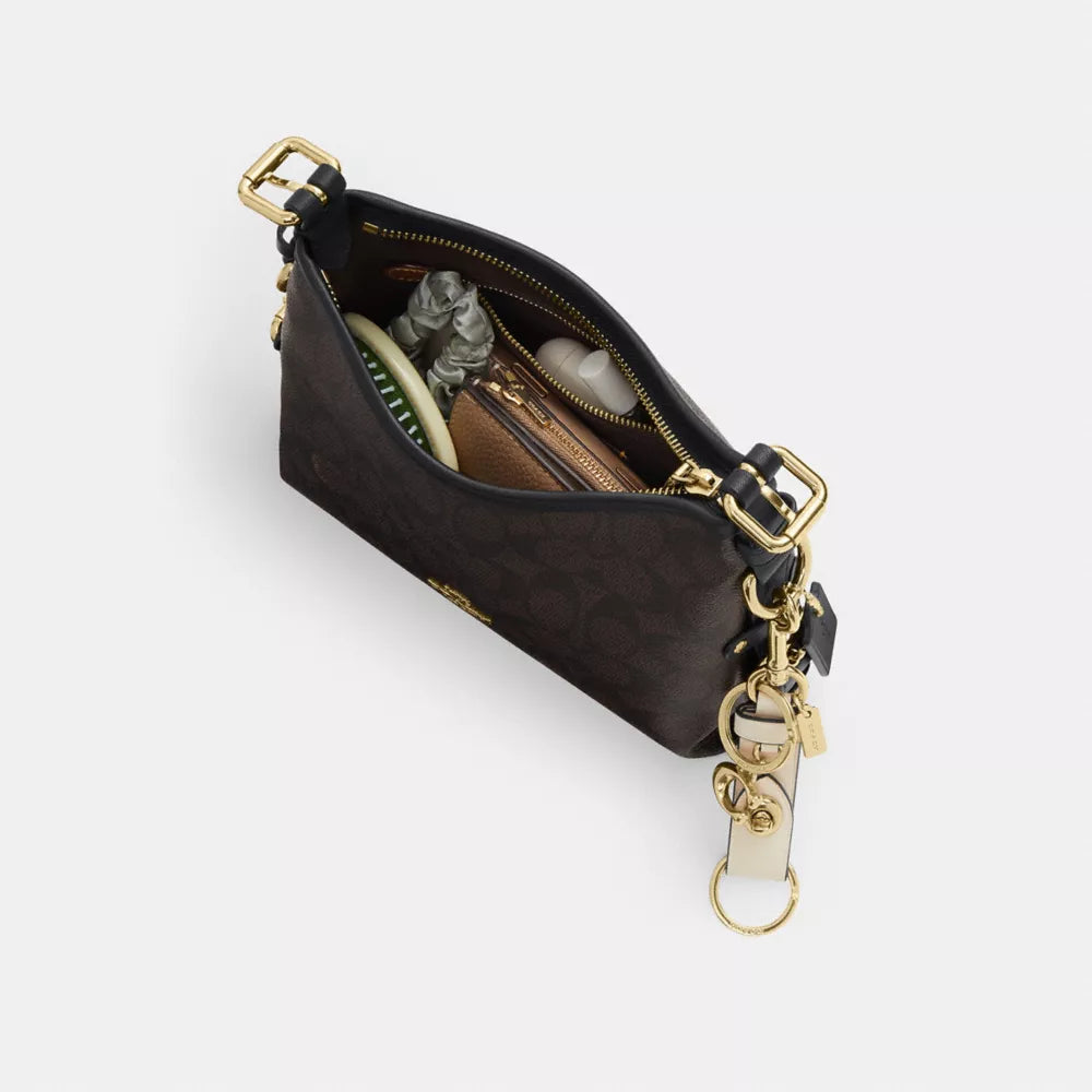 Laurel Shoulder Bag 22 With Buckles In Signature Canvas - Signature Canvas/Gold/Walnut/Black