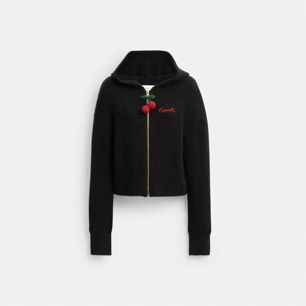 Cherry Charm Knit Hoodie - Black