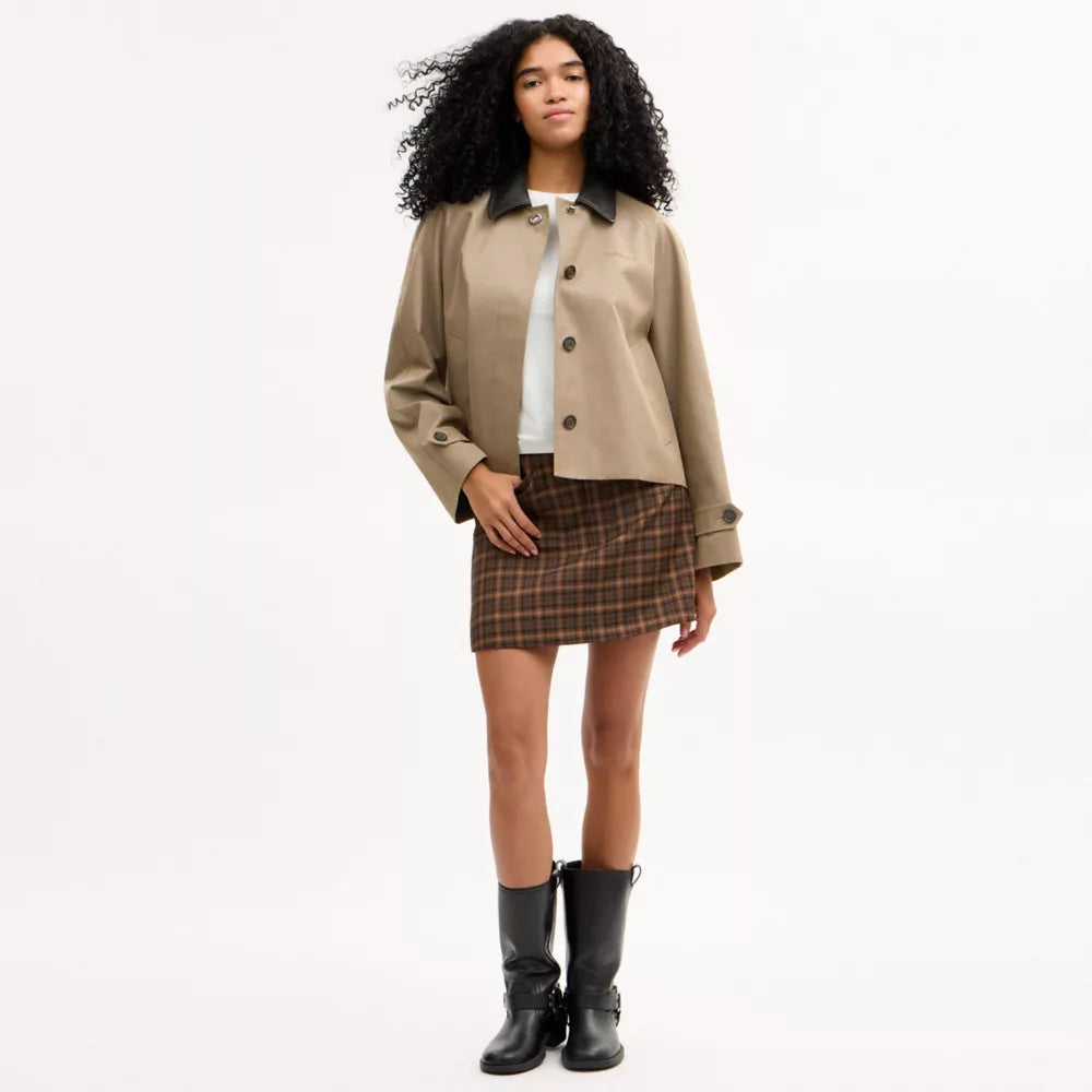 Swing Trench Coat With Leather Collar - Mud