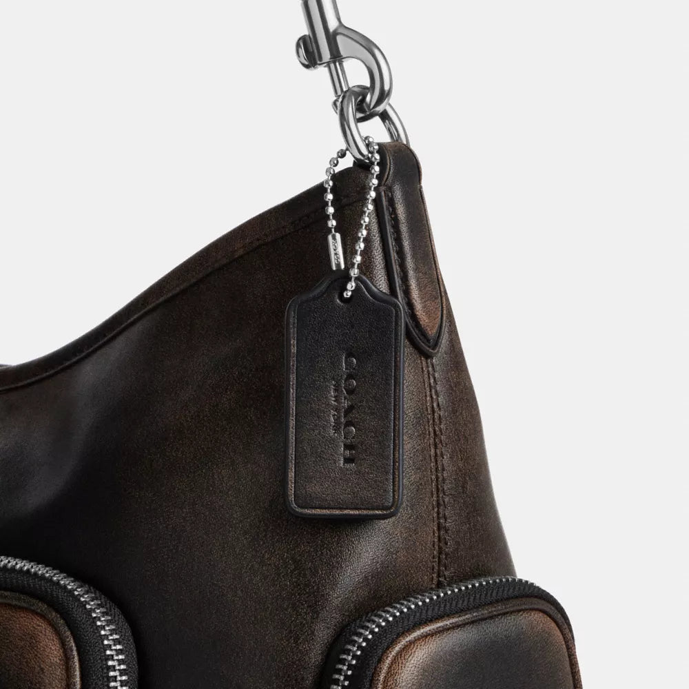 Laurel Shoulder Bag With Pockets In Loved Leather - Silver/Black Brown