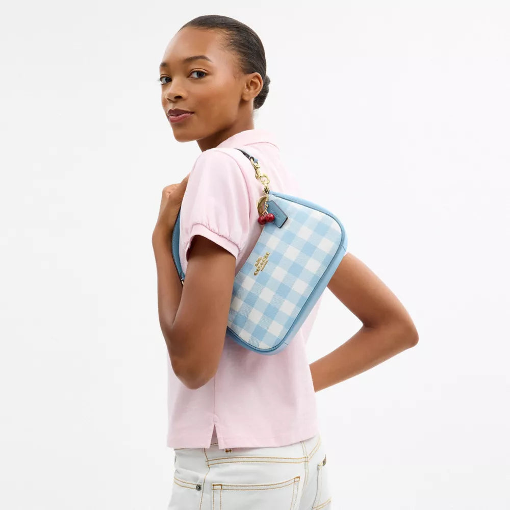 Teri Shoulder Bag With Gingham Print And Charm - Gold/Blue Multi