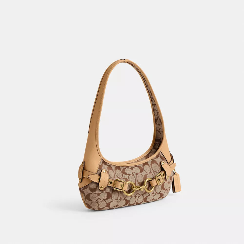 Belted Ergo Shoulder Bag 26 In Signature Jacquard - Jacquard/Brass/Khaki Light Peach