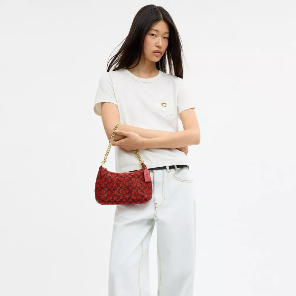 Teri Shoulder Bag In Signature Beaded Satin - Beaded Signature/Gold/Crimson