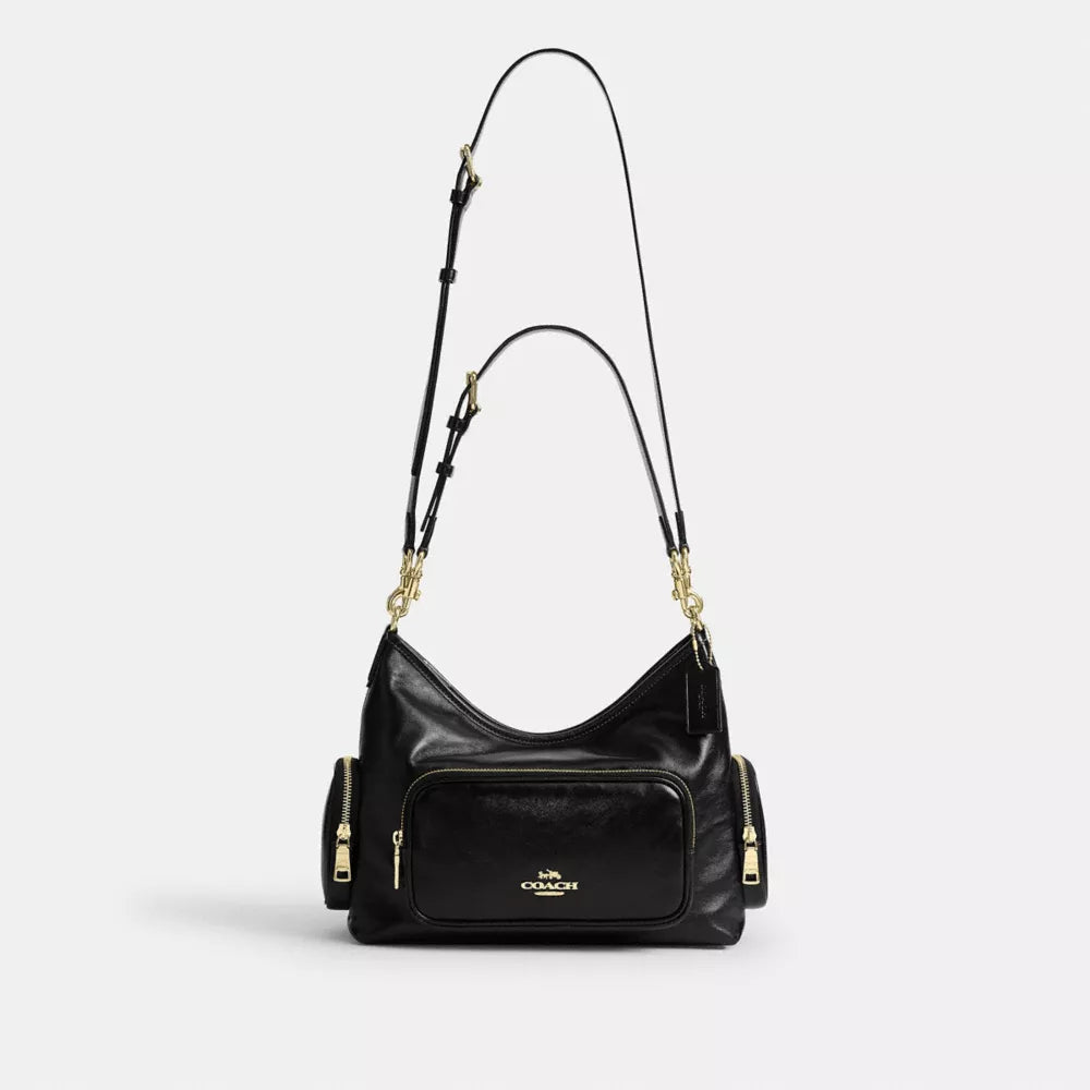 Laurel Shoulder Bag With Pockets - Crinkle Leather/Gold/Black