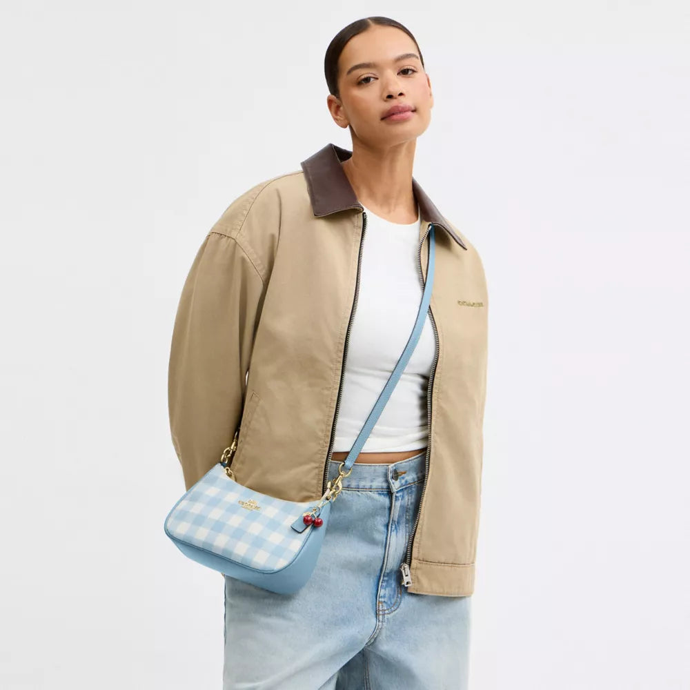 Teri Shoulder Bag With Gingham Print And Charm - Gold/Blue Multi