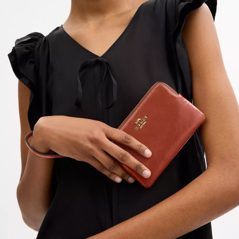 Corner Zip Wristlet - Glazed Leather/Gold/Cinnamon
