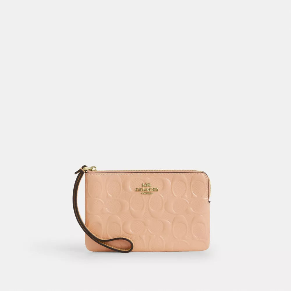 Corner Zip Wristlet In Signature Leather - Gold/Faded Blush