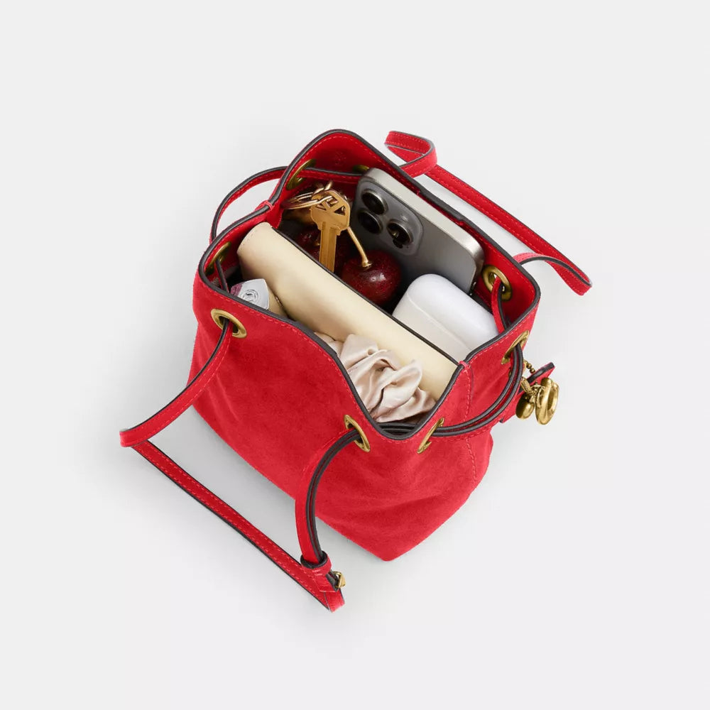 Jade Drawstring Bag - Suede/Brass/Candy Apple