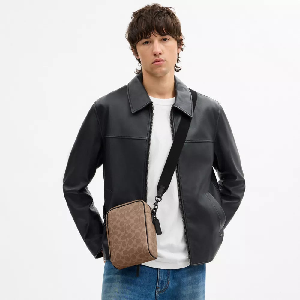 Tristan Crossbody Bag 14 In Signature Canvas - Signature Canvas/Matte Black/Tan Black