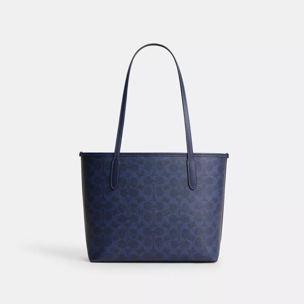 Medium City Tote Bag In Signature Canvas - Gold/Navy