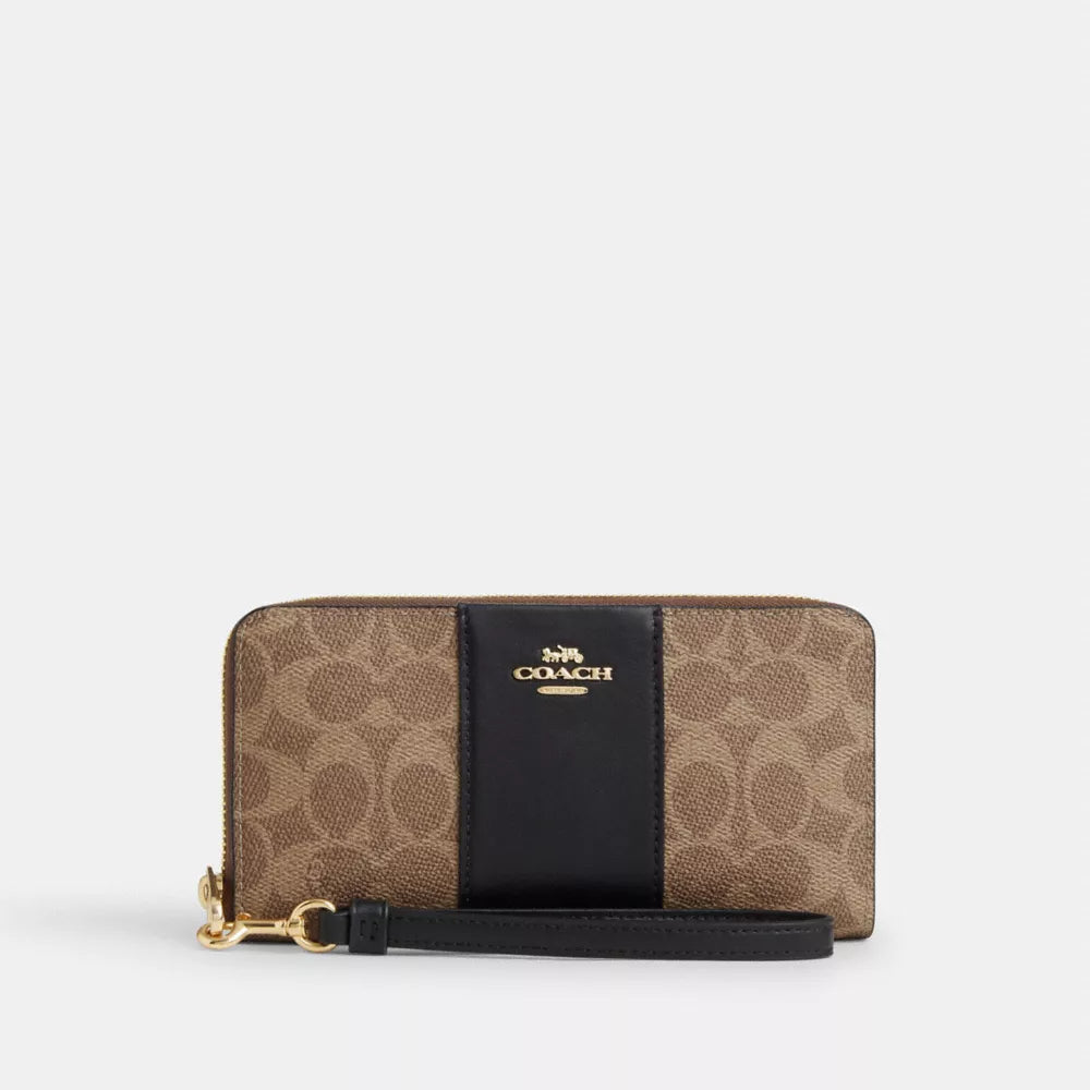 Long Zip Around Wallet In Signature Canvas With Stripe - Signature Canvas/Gold/Tan/Black
