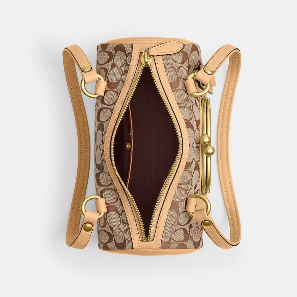 Kisslock Barrel Bag 28 In Signature Jacquard - Brass/Khaki Light Peach