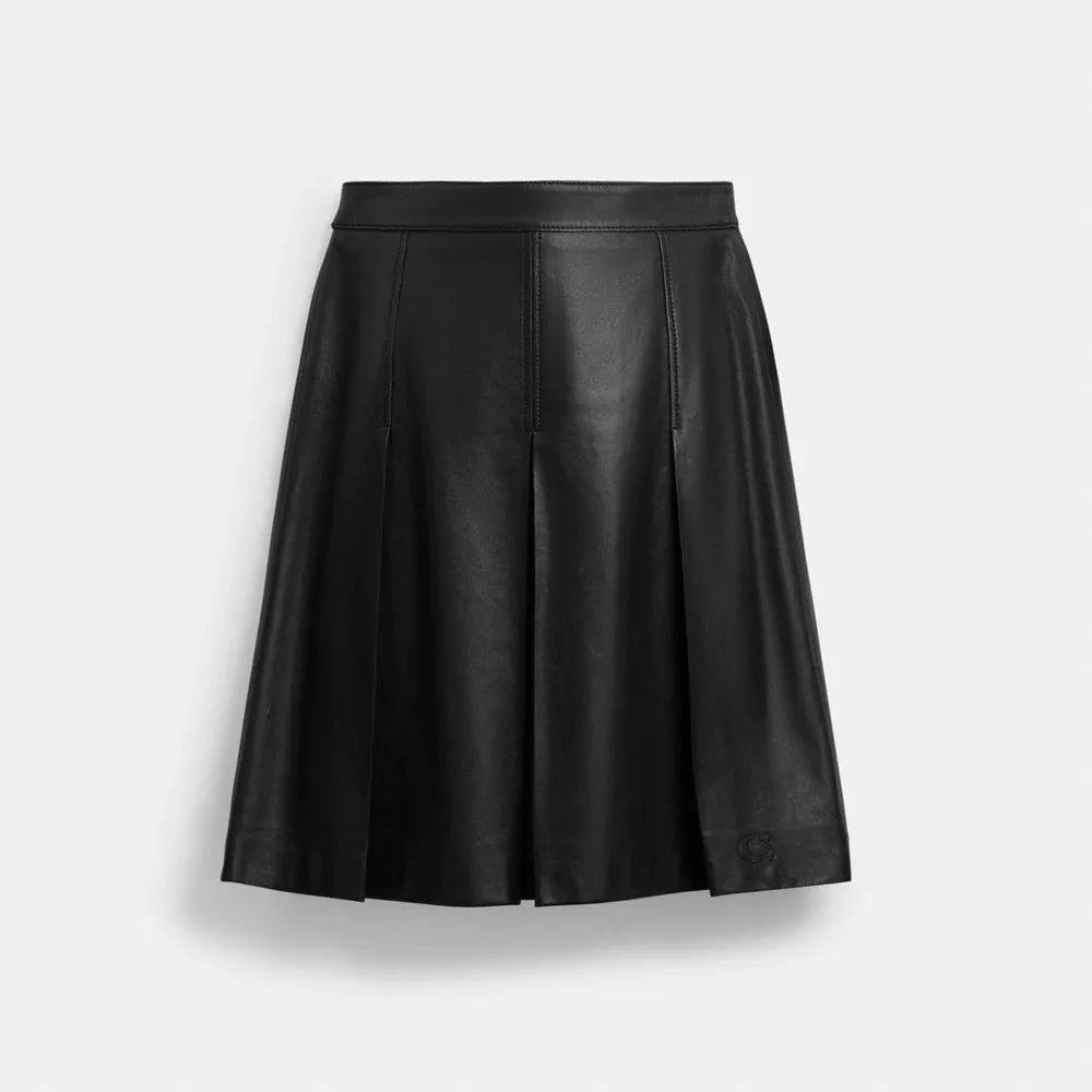 Pleated Leather Midi Skirt - Black