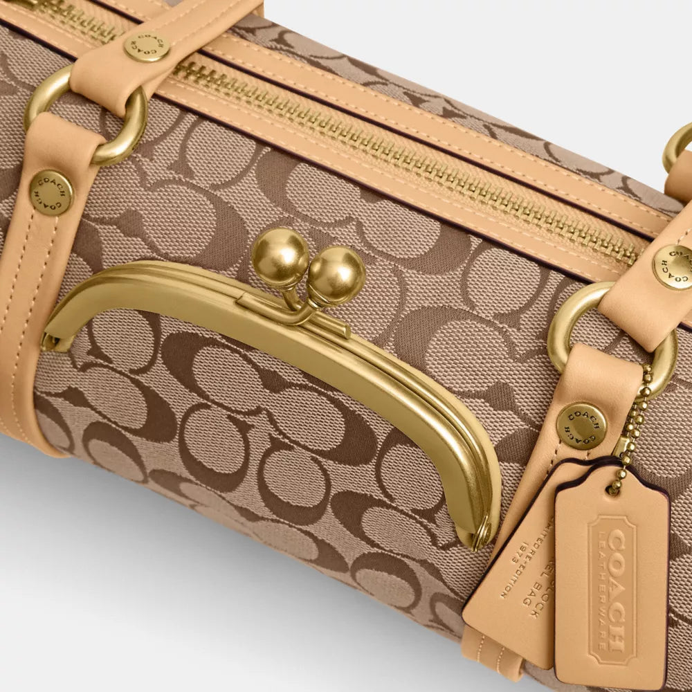 Kisslock Barrel Bag 28 In Signature Jacquard - Brass/Khaki Light Peach