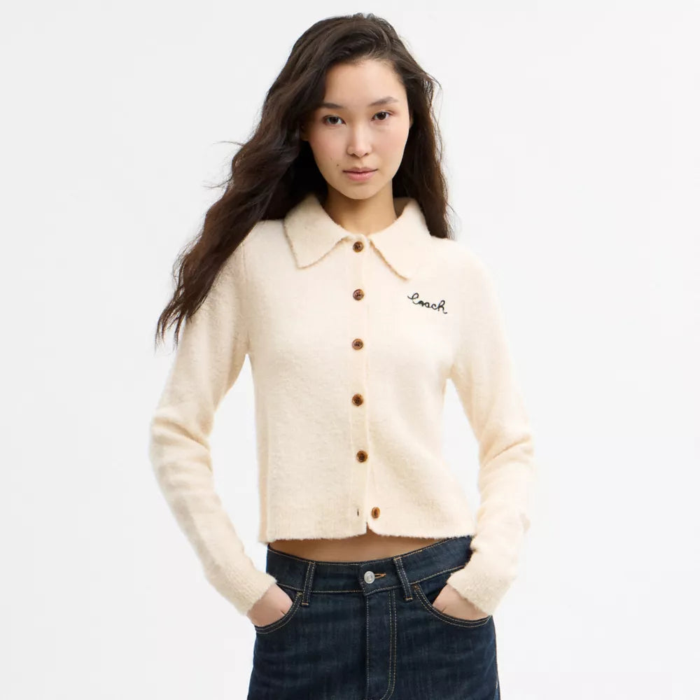 Embroidered Cropped Cardigan - Ecru