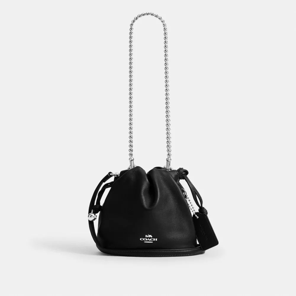 Faye Mini Drawstring Bag - Smooth Leather/Silver/Black