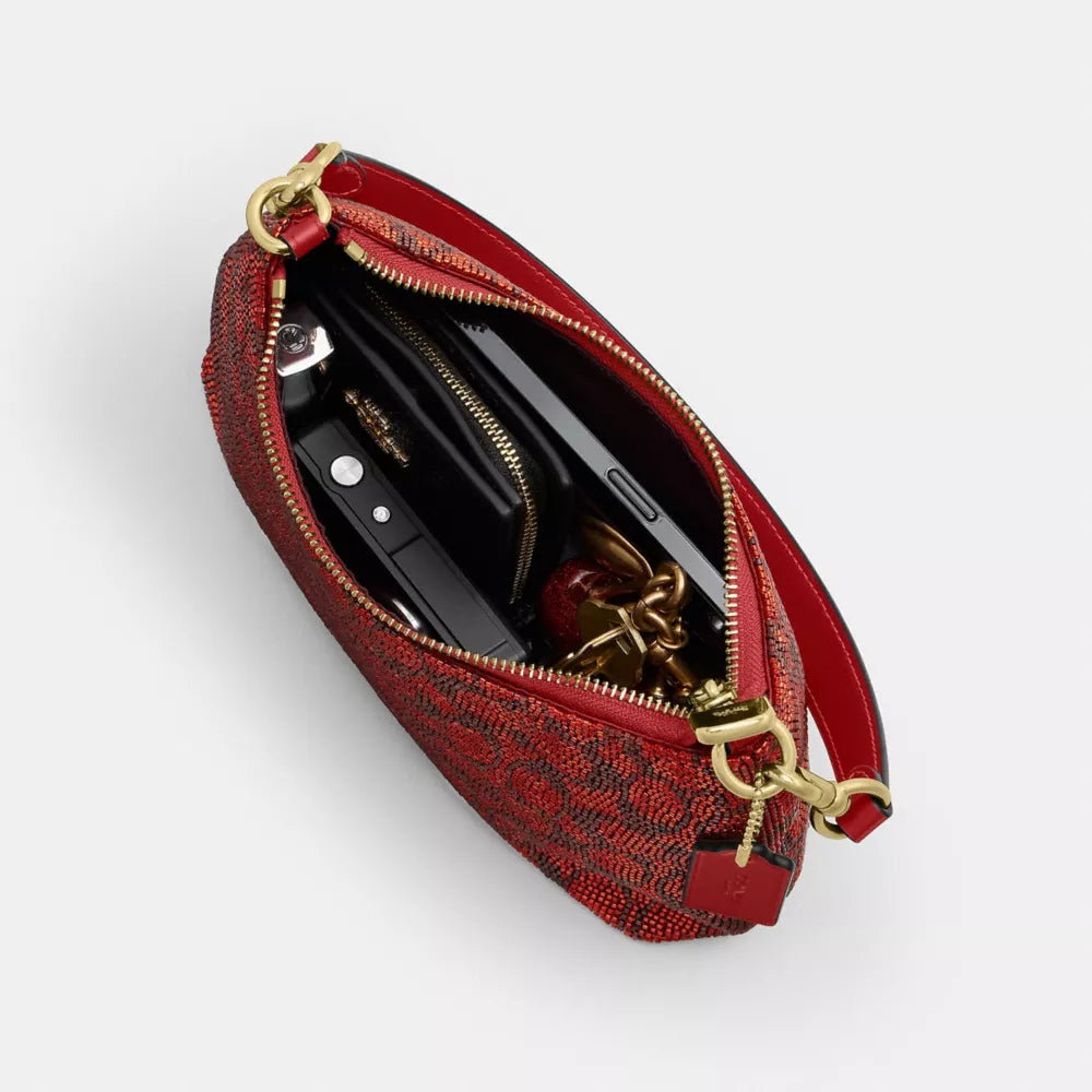 Teri Shoulder Bag In Signature Beaded Satin - Beaded Signature/Gold/Crimson