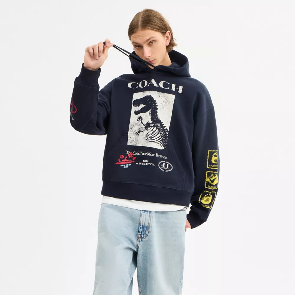 Dinosaur Collage Relaxed Hoodie In Organic Cotton - Navy Blue