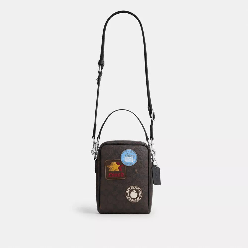 Tristan Crossbody Bag 14 In Signature Canvas With Patches - Signature Canvas/SV/Walnut/Black