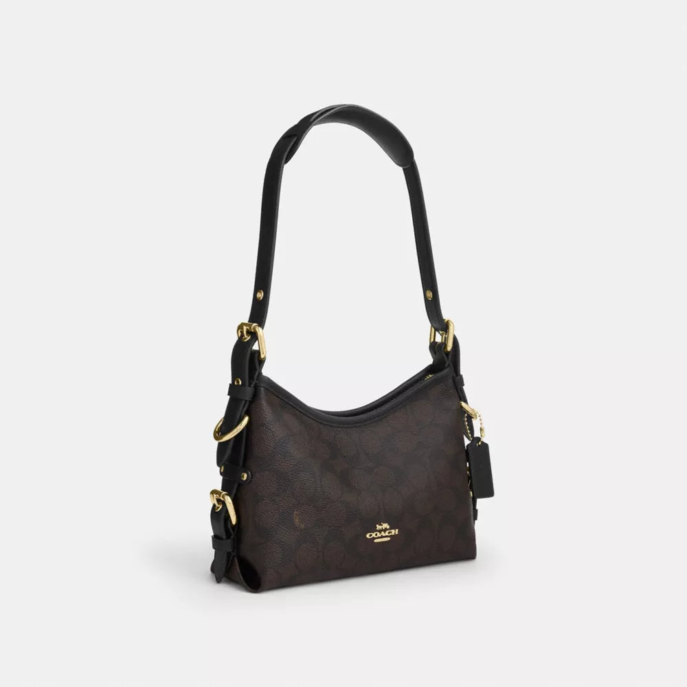 Laurel Shoulder Bag 22 With Buckles In Signature Canvas - Signature Canvas/Gold/Walnut/Black