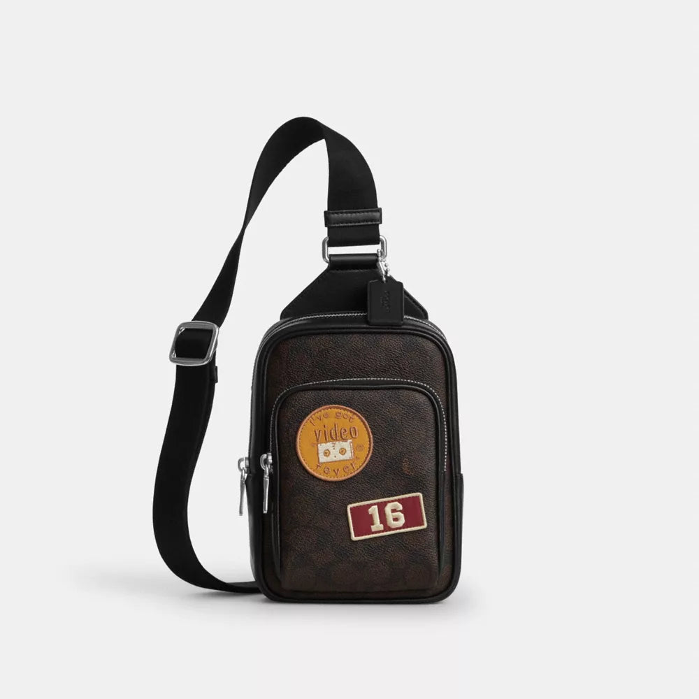 Racer Sling Pack In Signature Canvas With Patches - Signature Canvas/SV/Walnut/Black
