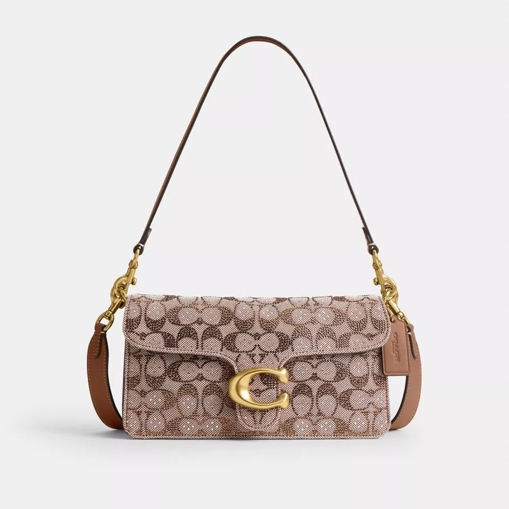 Tabby Shoulder Bag 26 In Crystal Signature Jacquard - Crystal/Brass/MUSHROOM
