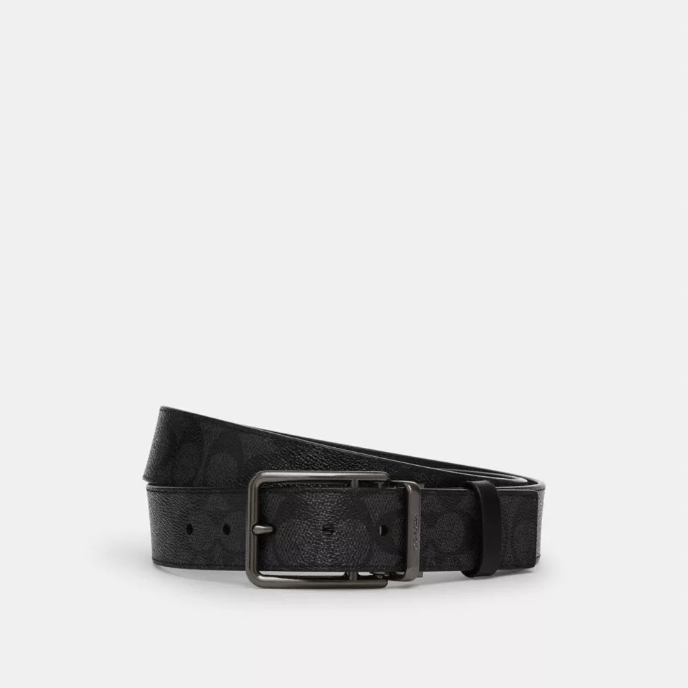 Double Bar Buckle Cut-To-Size Reversible Belt, 38MM - Signature Canvas/Gunmetal/Charcoal/Black
