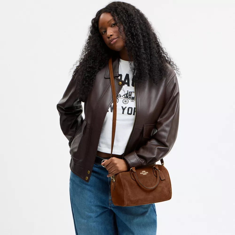 Rowan Satchel Bag - Suede/Gold/Warm Brown