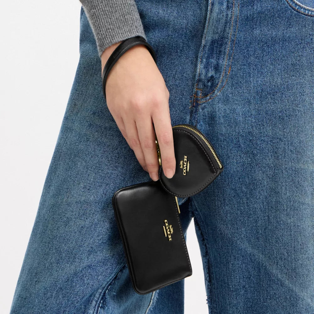 Wristlet And Heart Pouch - Crinkle Leather/Gold/Black