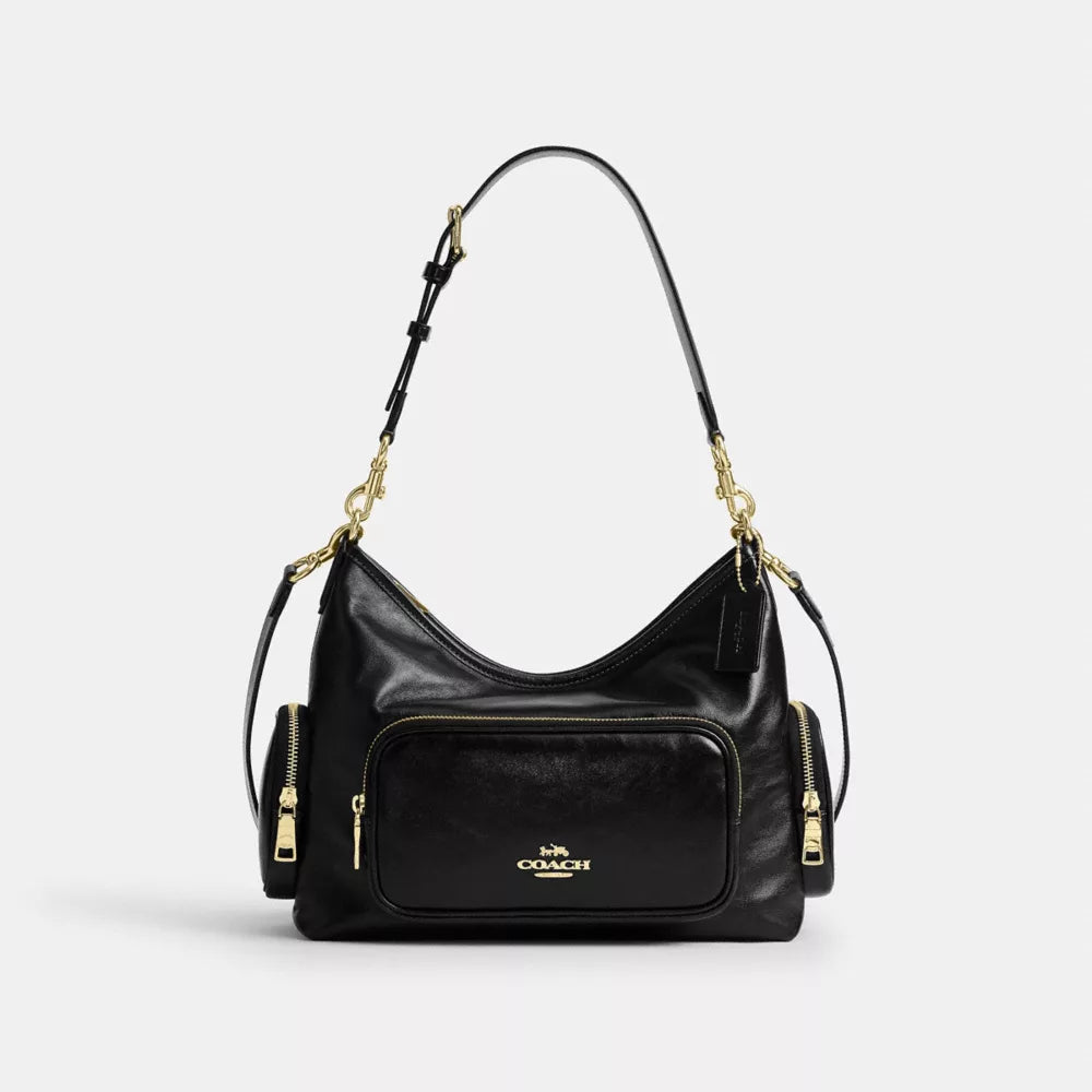 Laurel Shoulder Bag With Pockets - Crinkle Leather/Gold/Black