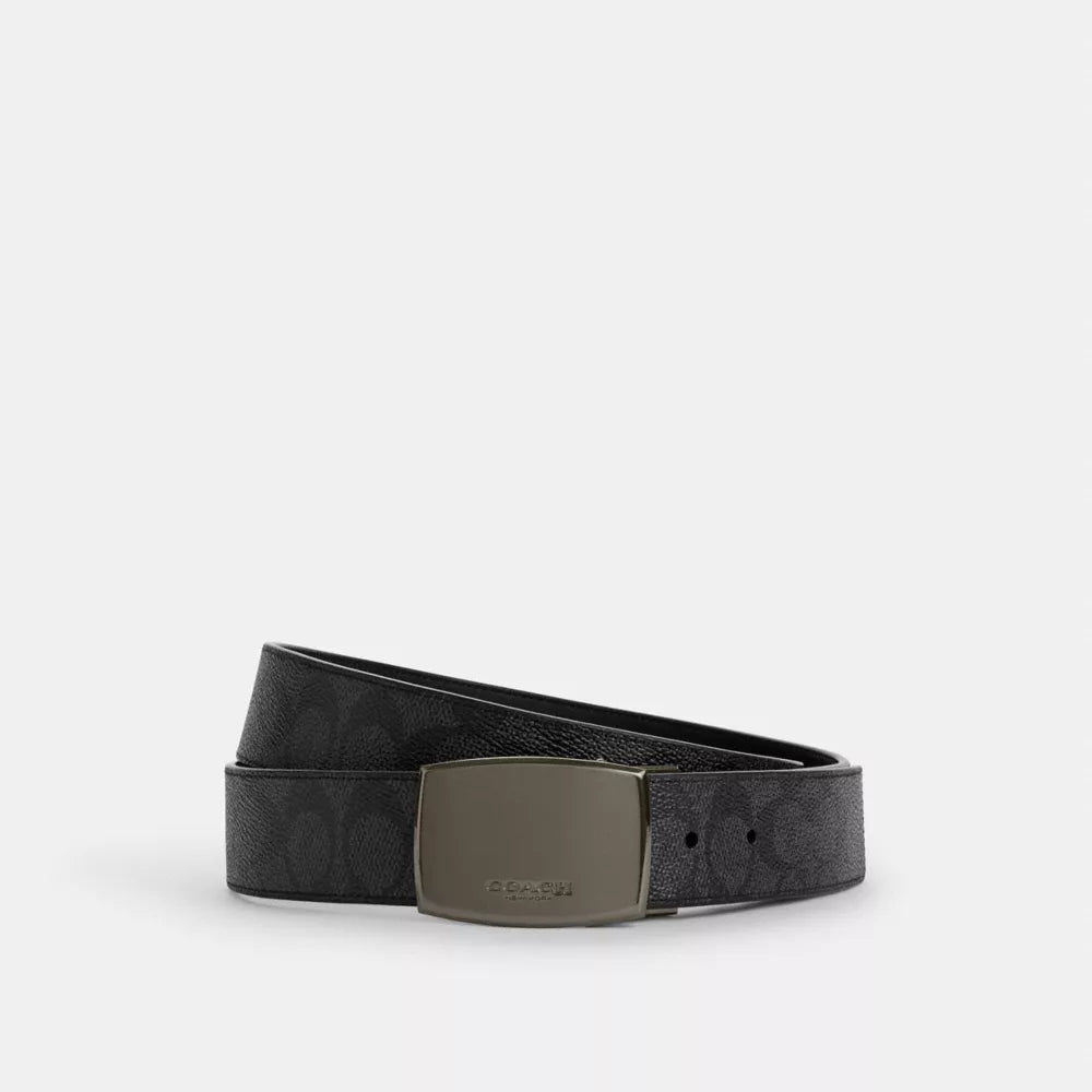 Boxed Plaque And Harness Buckle Cut-To-Size Reversible Belt, 38MM - Signature Canvas/Gunmetal/Charcoal/Black