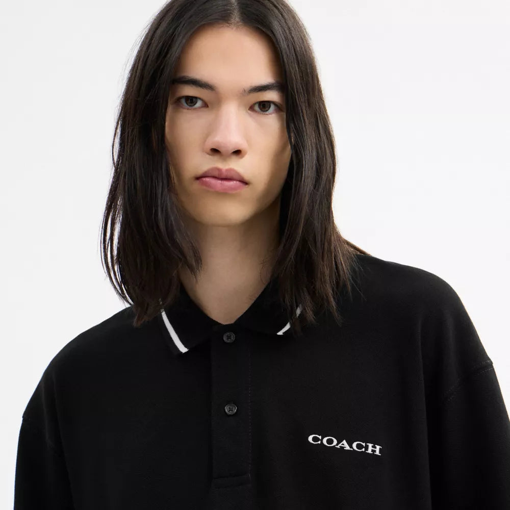 Signature Trim Long Sleeve Polo In Regenerative Cotton - Black
