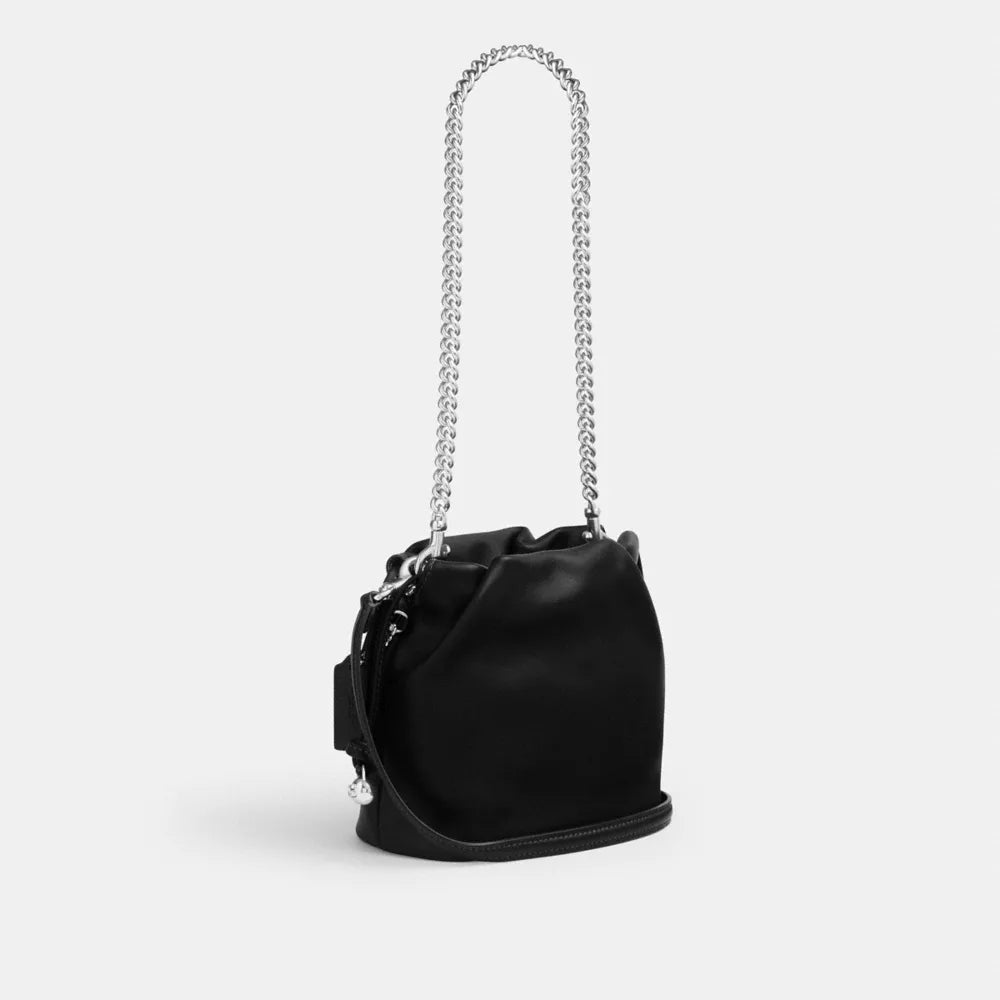 Faye Mini Drawstring Bag - Smooth Leather/Silver/Black