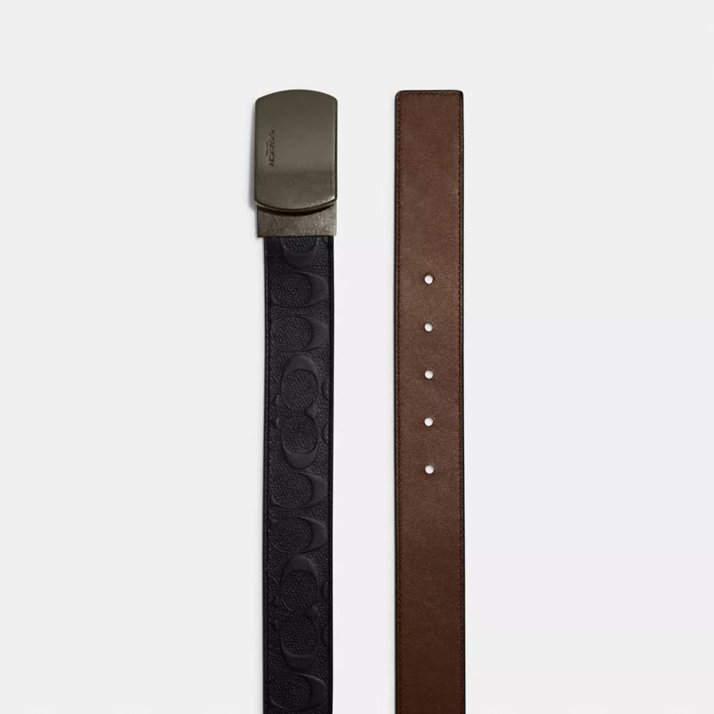 Plaque Buckle Cut-To-Size Reversible Belt, 38MM - Smooth Leather/Gunmetal/Black/Dark Saddle