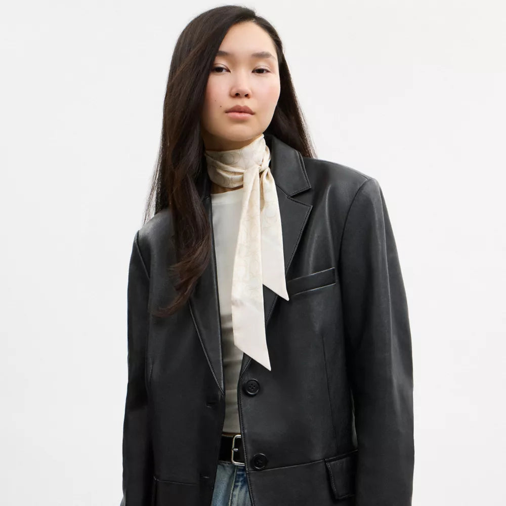 Textured Signature Print Silk Skinny Scarf - Chalk