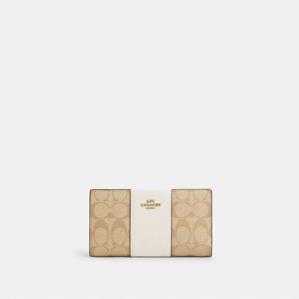 Slim Zip Wallet In Signature Canvas With Stripe - Signature Canvas/Gold/Light Khaki/Chalk Lt Saddle