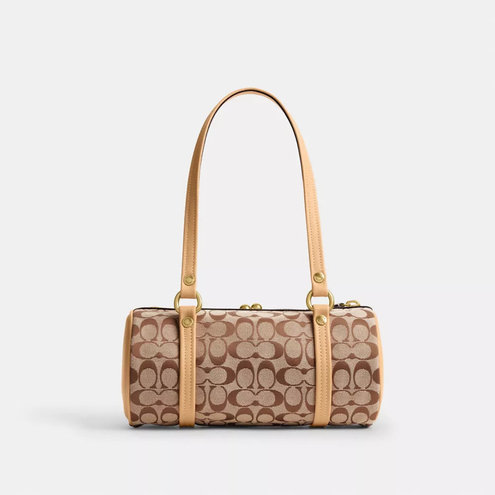 Kisslock Barrel Bag 28 In Signature Jacquard - Brass/Khaki Light Peach