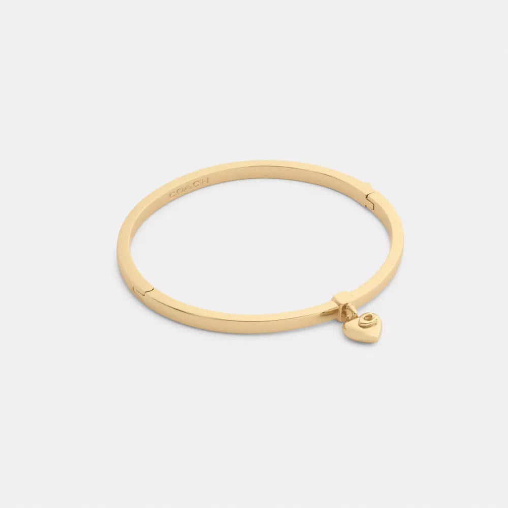 Heart Charm Thin Hinged Bangle - Gold