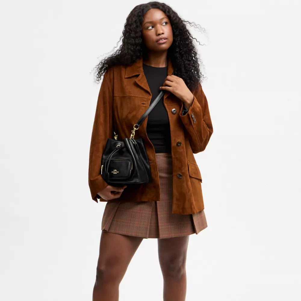 Rowan Bucket Bag With Pocket - Crinkle Leather/Gold/Black