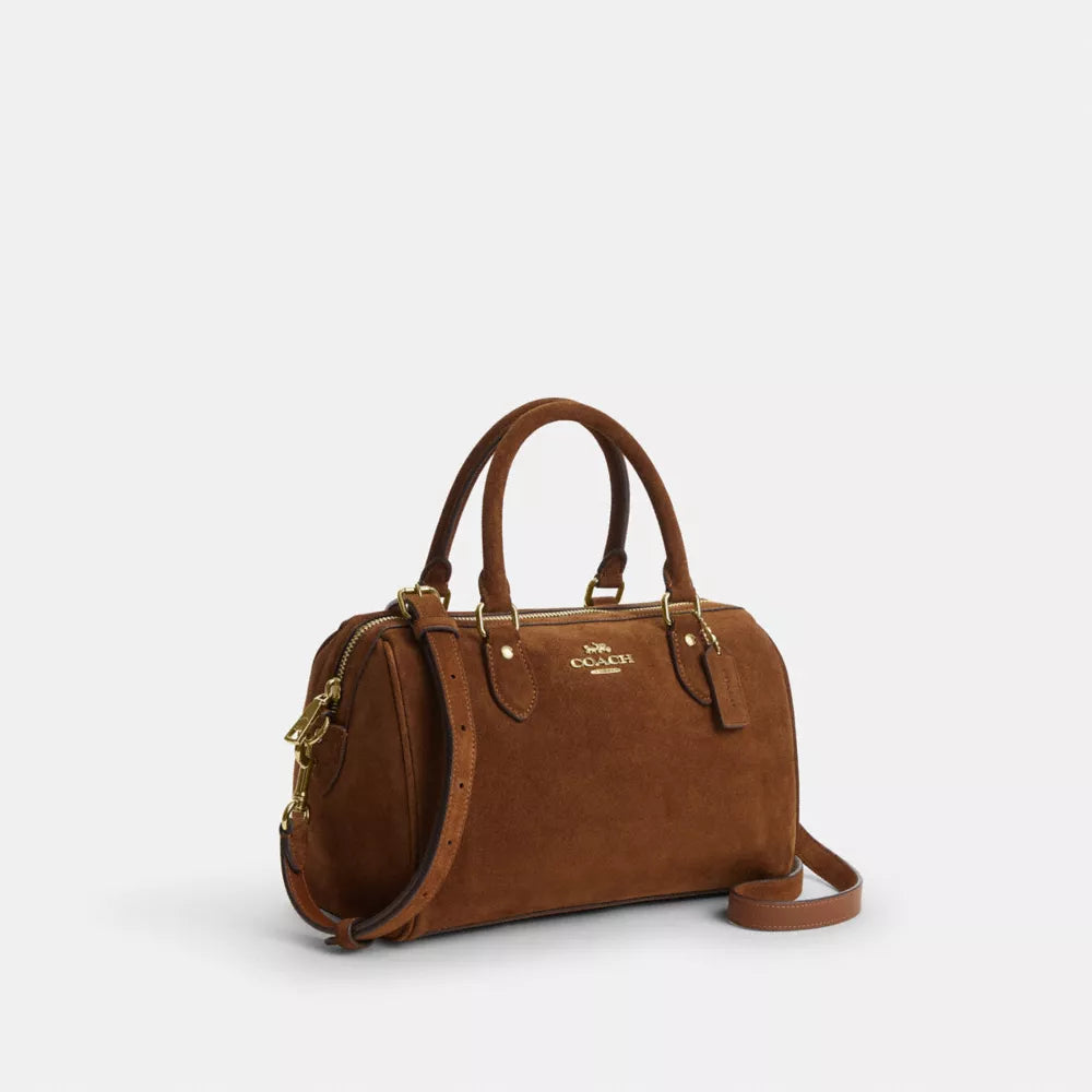 Rowan Satchel Bag - Suede/Gold/Warm Brown
